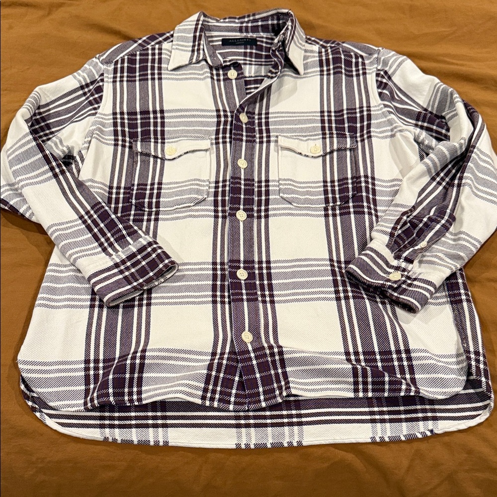 All Saints Oversized Men's Plaid Shirt in burgundy and creme M
